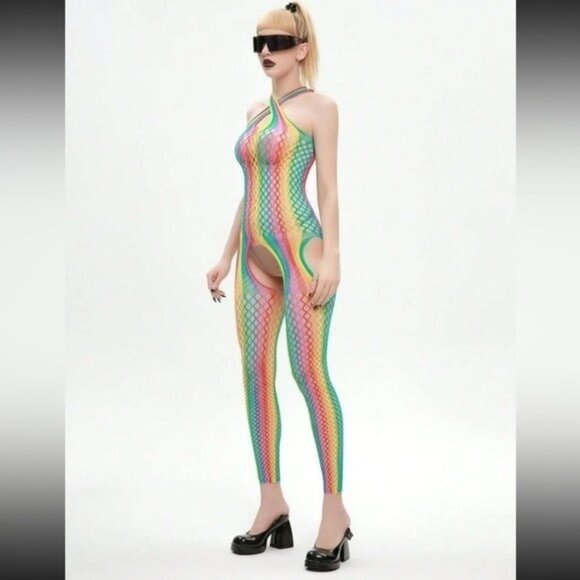 Rainbow Color Halter Top One-Piece Fishnet Bodysuit - Picture 7 of 8